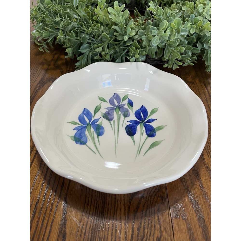Emerson Creek Pottery pie dish crimped edge  Field‎ Of iris flowers on white